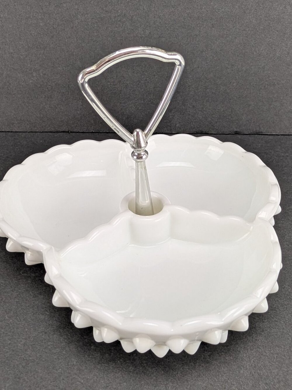 Vintage Fenton White Milk Glass Hobnail Relish Dish Tray 3 Compartments Handle
